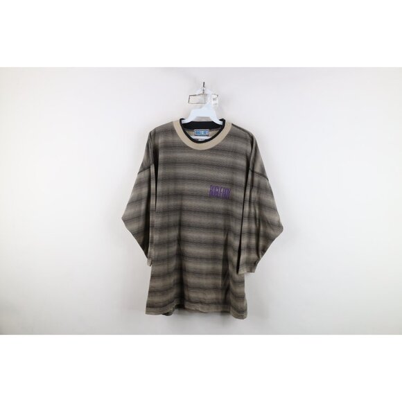Vintage 90s Bugle Boy Mens Large Spell Out Striped Baggy Fit 3/4 Sleeve T-Shirt - Picture 1 of 12